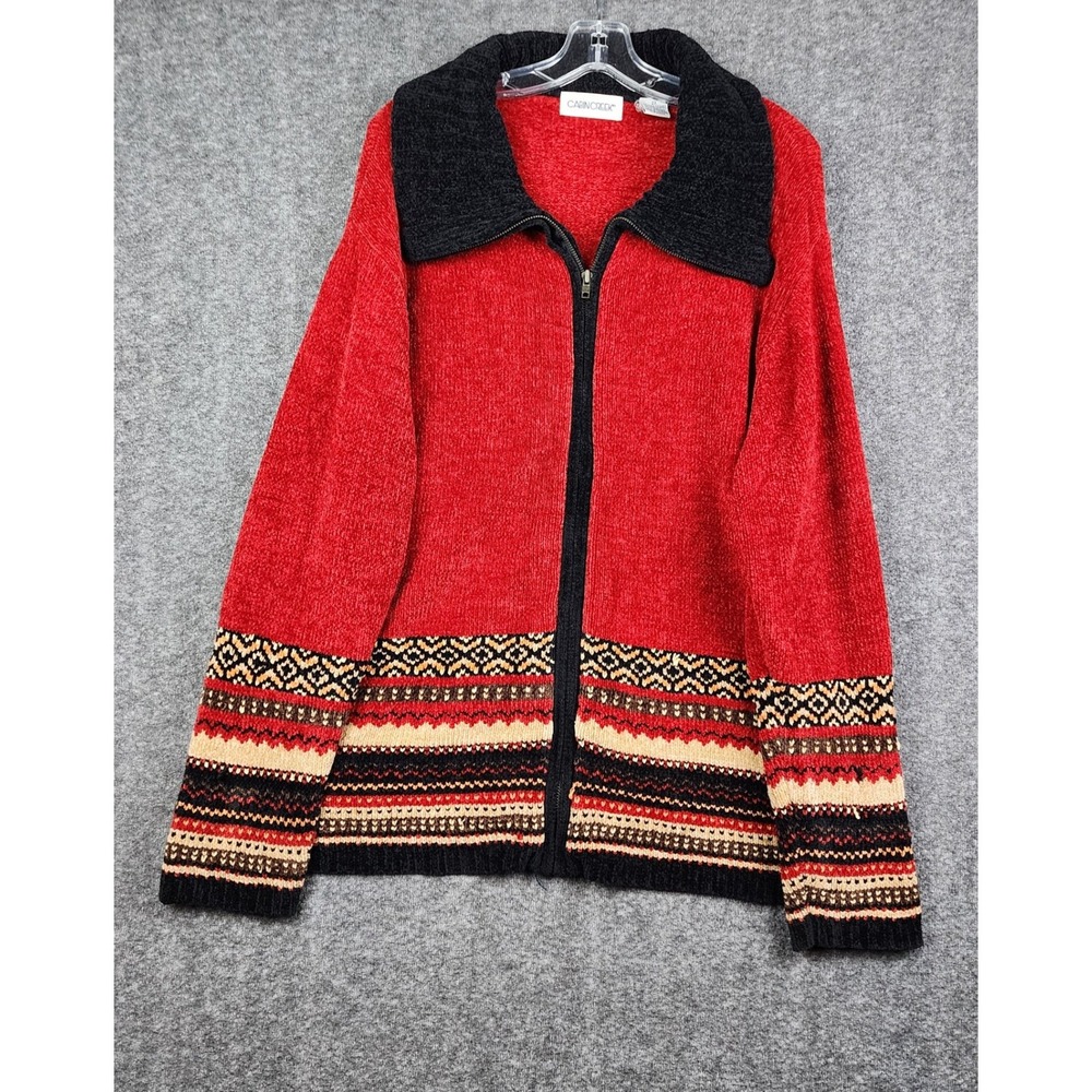 Cabin Creek Zip Up Sweater Womens 2X Red Chenille Fair Isle Southwestern 05843-8